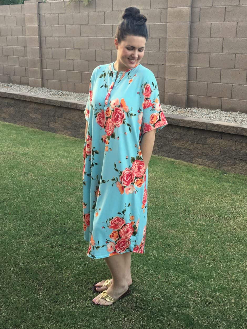 Free women's sewing pattern: Make this dress as a nightgown, lounge dress or just a quick outfit for any day of the week.  This sewing pattern is a great, beginner friendly project for stretchy, comfortable knit fabrics. Also includes an optional placket to make it nursing friendly!