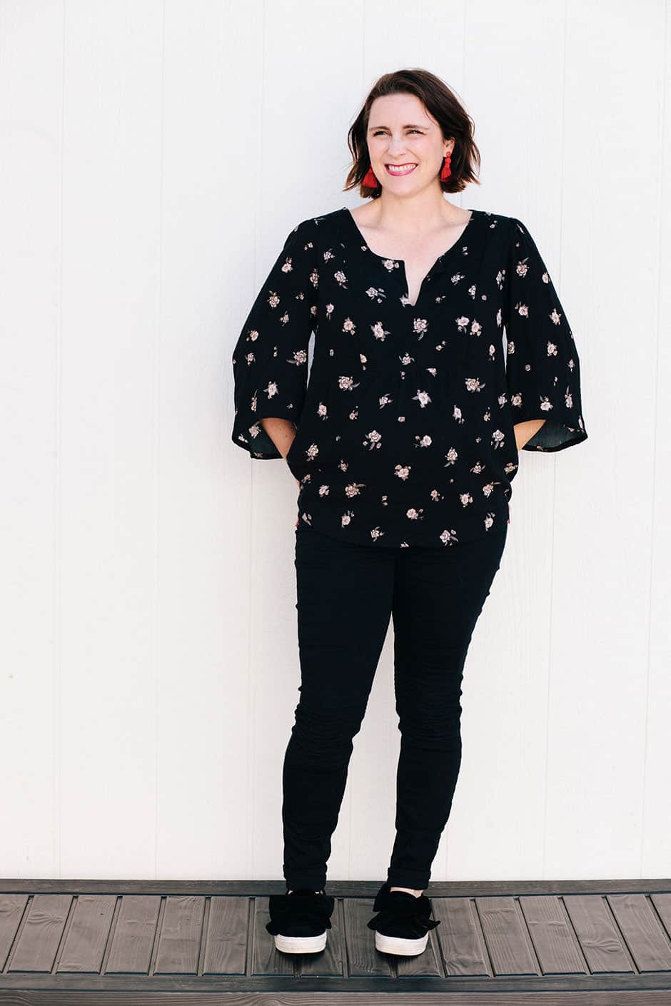 Looking for a home run sewing pattern for pregnancy and postpartum? Check out my version of the Phoenix blouse and how it's working through the third trimester and beyond! Make this DIY flowy top for your pregnancy or anytime you need a comfy, flattering blouse.
